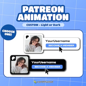 May include: Two social media graphics with a white background and blue grid pattern. The graphics feature a photo of a person with the text "YourUsername" and a blue button that says "Become a Member". The top graphic has a white border and the bottom graphic has a black border.