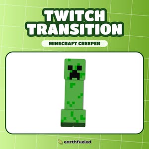 Op de afbeelding: Een groen Minecraft Creeper-personage met een zwart gezicht en een rode mond. Het personage staat op een witte achtergrond met de tekst "TWITCH TRANSITION" en "MINECRAFT CREEPER" erboven.