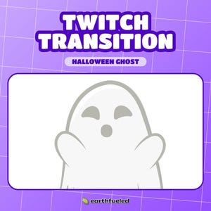 Könnte beinhalten: Ein weißer Cartoon-Geist mit einem überraschten Ausdruck, mit dem Text "TWITCH TRANSITION HALLOWEEN GHOST" darüber.