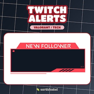 Peut inclure: Modèle d'alerte Twitch rouge et noir pour les nouveaux abonnés, avec le texte "NEW FOLLOWER" dans un encadré rouge en haut. Le modèle est conçu pour les streamers Valorant et tech.