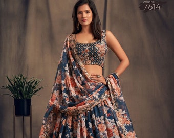 Gorgeous Navy Blue Floral Printed,Sangeet Wear Lehenga Choli In Organza Fabric,Multi Colour Lehenga Party Wear, Indo Western