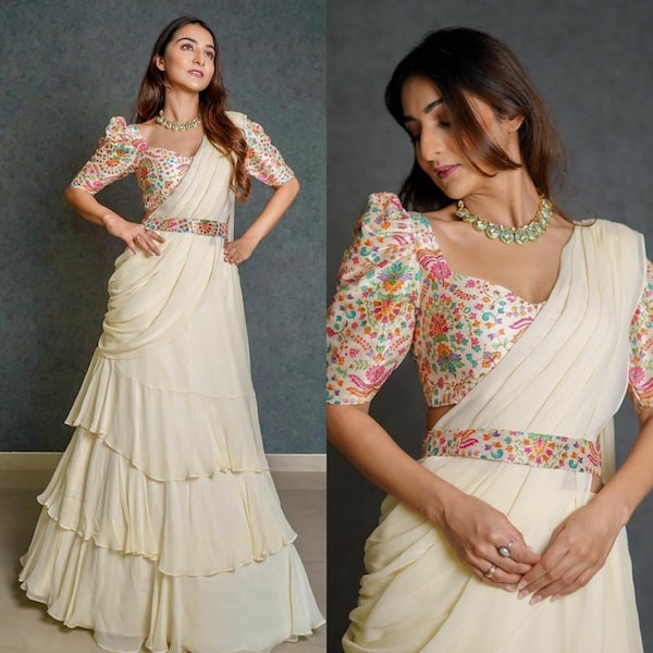 Stilvolle Multi-Layer-Rüsche Georgette Lehenga Choli Off White Ruffle Style Party Wear Lehenga Choli, Indian Outfit