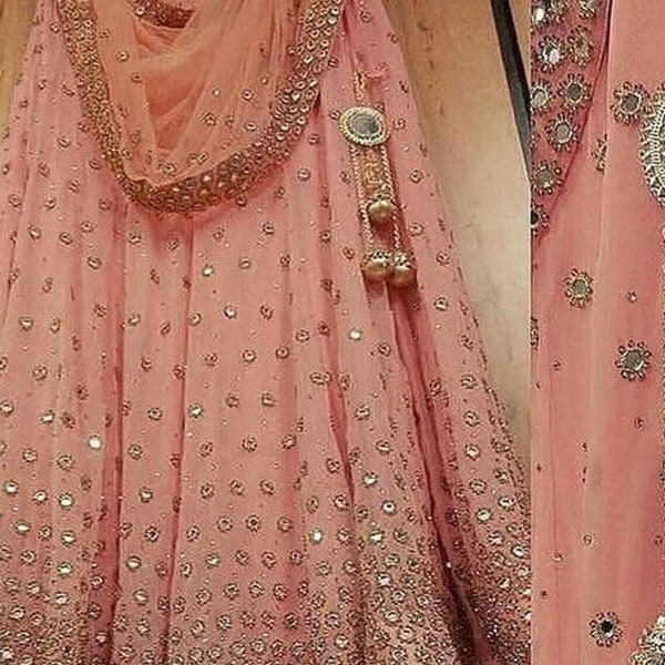 Mirror Work Peach Pink Lehenga Choli Georgette Lehenga With Net Chunri For Wedding Wear Bridesmaid Lengha Dress