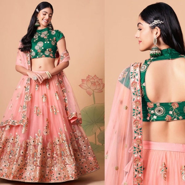 Designer Mirror Work Peach Soft Net lehenga Choli For Women Indian Wedding Function Wear Ghagra Choli Party Wear Ready To Wear Choli USA UK