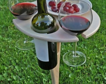 Porte-bouteilles pliable en bois - Table à vin extérieure portable pour pique-nique, camping, fête, jardin, plage - Porte-verres pliant, table ronde