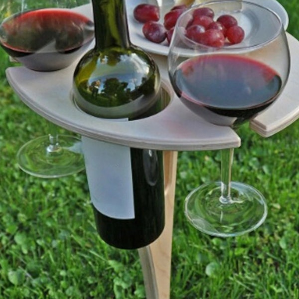 Holz Faltbarer Weinhalter - Tragbarer Weintisch im Freien für Picknick, Camp, Party, Garten, Strand - Klappglasregal, runder Tisch