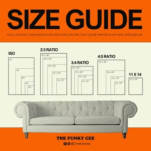 May include: A size guide chart with orange headers and text reading SIZE GUIDE, listing ISO, 2:3, 3:4, 4:5 ratios, and 11x14 dimensions in inches. Below the charts is a light gray tufted sofa, with THE FUNKY CEE and social media icons at the bottom.