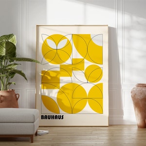 Bauhaus Poster Print, Beige Exhibition Poster, Mid Century Modern Art Decor, Yellow Abstract Vintage Minimalist Retro Wall Art Gift Idea