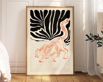 Japanese Wall Art Print Poster, Beige Vintage Tiger Illustration Exhibition Art, Modern Asian Gallery Wall Home Decor,Nature Gift For Friend
