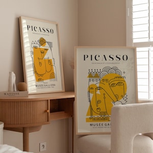 Set Of 2 Picasso Exhibition Wall Art Prints, Neutral Yellow Beige Abstract Cubism Vintage Gift Idea, Famous Artist Prints, Modern Home Decor