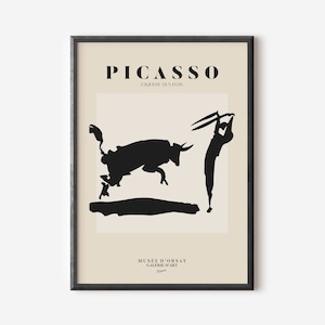 Impressão de arte de parede de exposição de Picasso, ideia de presente minimalista bege neutro abstrato vintage, impressão de artista famoso, decoração de parede de galeria azul