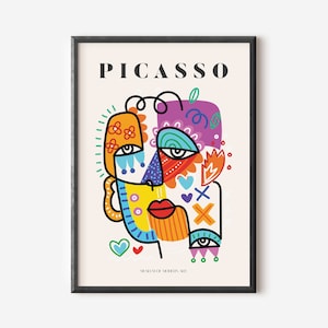 Impressão de arte de parede de exposição de Picasso, ideia de presente minimalista bege neutro abstrato vintage, impressão de artista famoso, decoração de parede de galeria azul