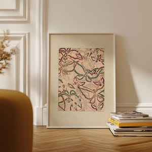Impresión de arte floral japonés Korin Furuy - Cartel de exposición de xilografía beige vintage, diseño tradicional japonés asiático vintage raro Ukiyo-e