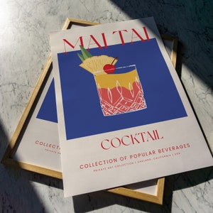 Impresión de cóctel retro Mai Tai, diseño de arte de pared vintage en beige y verde lima, galería de hogar moderna pared bar cocina decoración regalo para un amigo