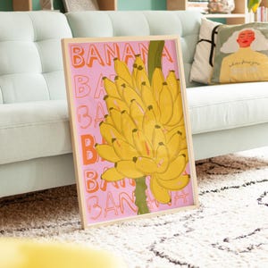 Banana Wall Art Print, Retro Pop Art Fruit Poster with Yellow Bananas and Pink Background, Funky Kitchen Decor, Modern Tropical Summer Art