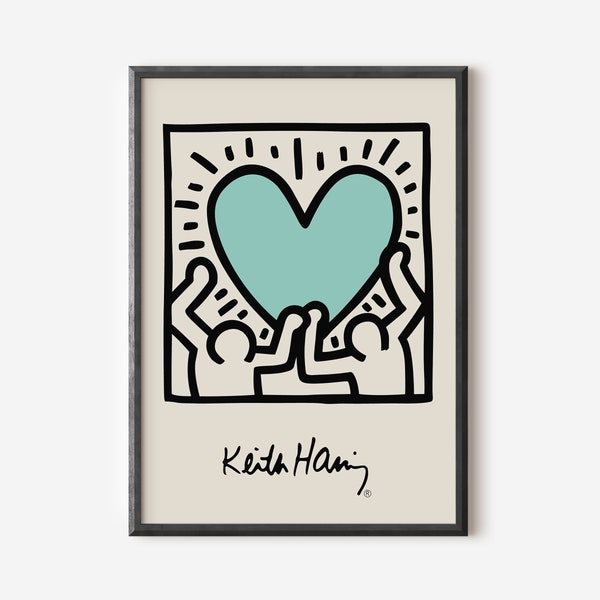 Keith Haring Love Heart Wall Art Print, Colourful Modern Art Poster, Green Exhibition Print, Famous Artist Print, Gallery Wall Home Decor