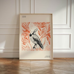 Cartel de impresión de arte de pared de pájaro japonés, arte de exposición de ilustración vintage beige, decoración del hogar de la pared de la galería asiática moderna, regalo de la naturaleza para un amigo