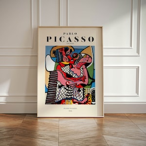 Impresión de arte de pared de exposición de Picasso, idea de regalo minimalista vintage abstracto beige neutro, impresión de artista famoso, decoración de pared de galería azul para el hogar