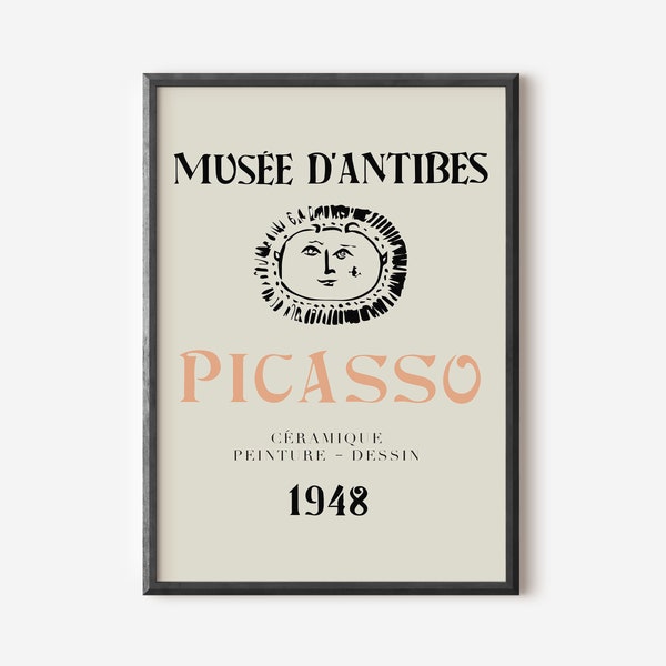 Picasso - Musee Antibes Dessin Wand kunstdruck, Ausstellung Vintage Line Art Poster, Beige Berühmter Künstler Druck, Braune Galerie WandDeko