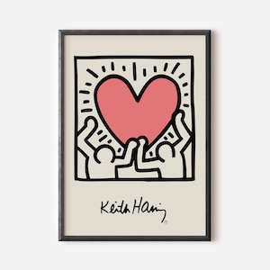 Keith Haring Love Heart Wall Art Print, Colourful Modern Art Poster, Pink Exhibition Print, Famous Artist Print, Gallery Wall Home Decor