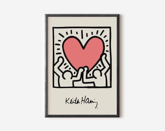 Keith Haring Love Heart Wall Art Print, Colourful Modern Art Poster, Pink Exhibition Print, Famous Artist Print, Gallery Wall Home Decor