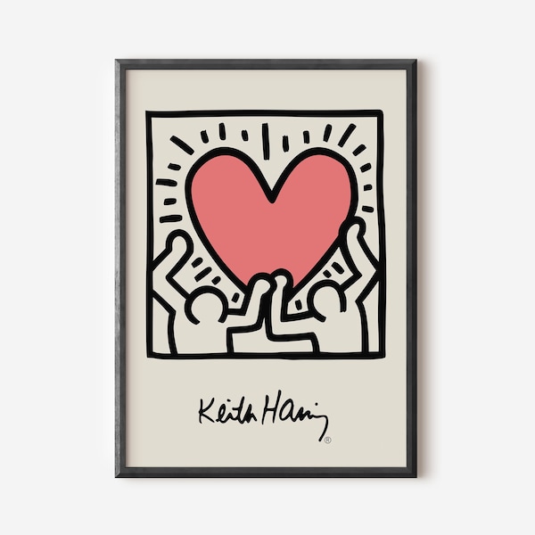 Keith Haring Love Heart Wandkunstdruck, Farbenfrohes Modernes Kunstposter, pinker Ausstellungsdruck, berühmtes Künstlerbild, Galerie Wanddekoration