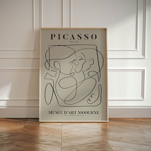 Impressão de arte de parede de exposição de Picasso, ideia de presente minimalista bege neutro abstrato vintage, impressão de artista famoso, decoração de parede de galeria azul