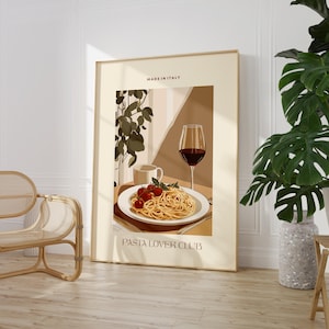 PASTA Lover Club Poster Print, Mocha Mousse Wall Art Italian Food Poster, Kitchen Food Art Wall Decor, Food Illustration Gift Idea for her
