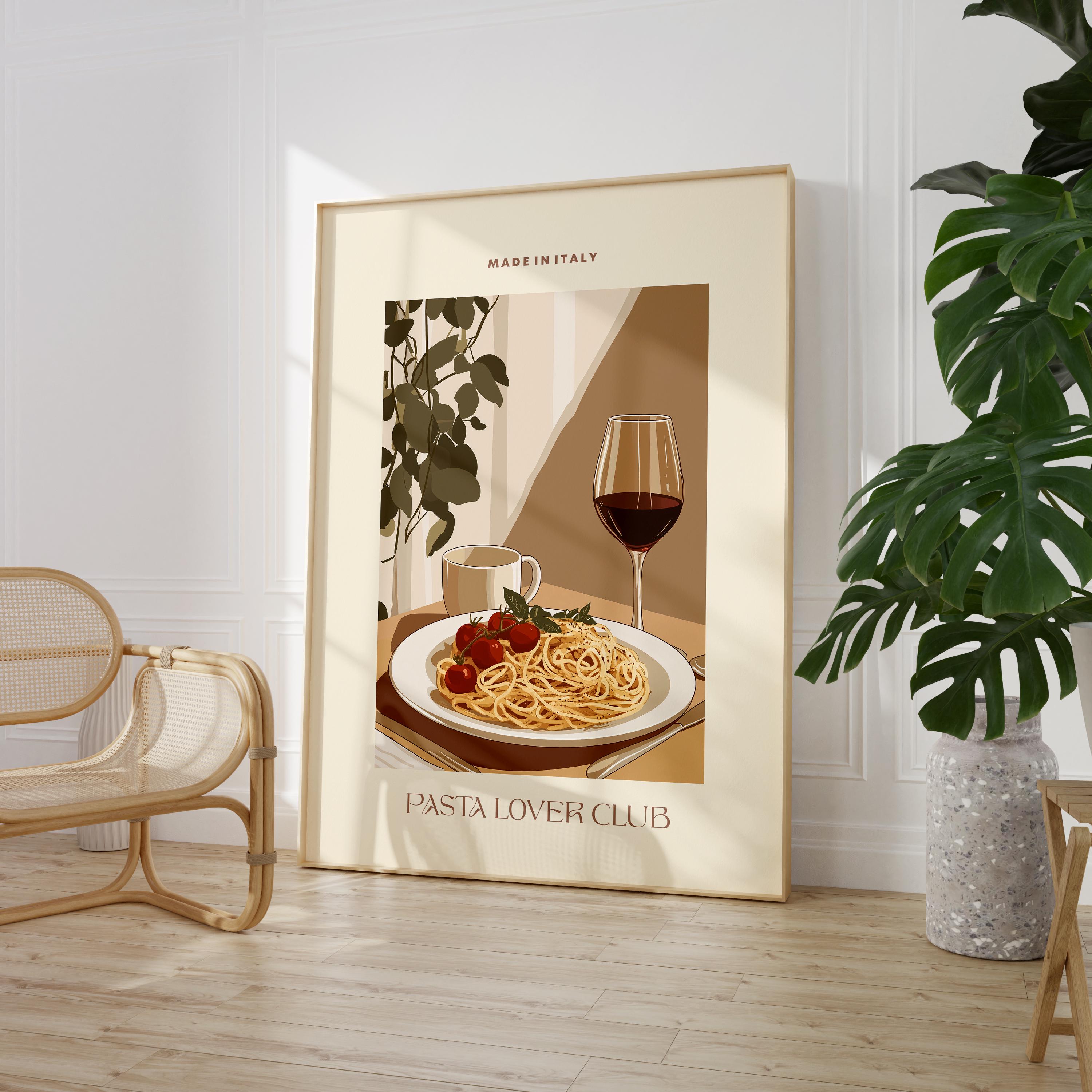 PASTA Lover Club Poster Print, Mocha Mousse Wall Art Italian Food Poster, Kitchen Food Art Wall Decor, Food Illustration Gift Idea for her