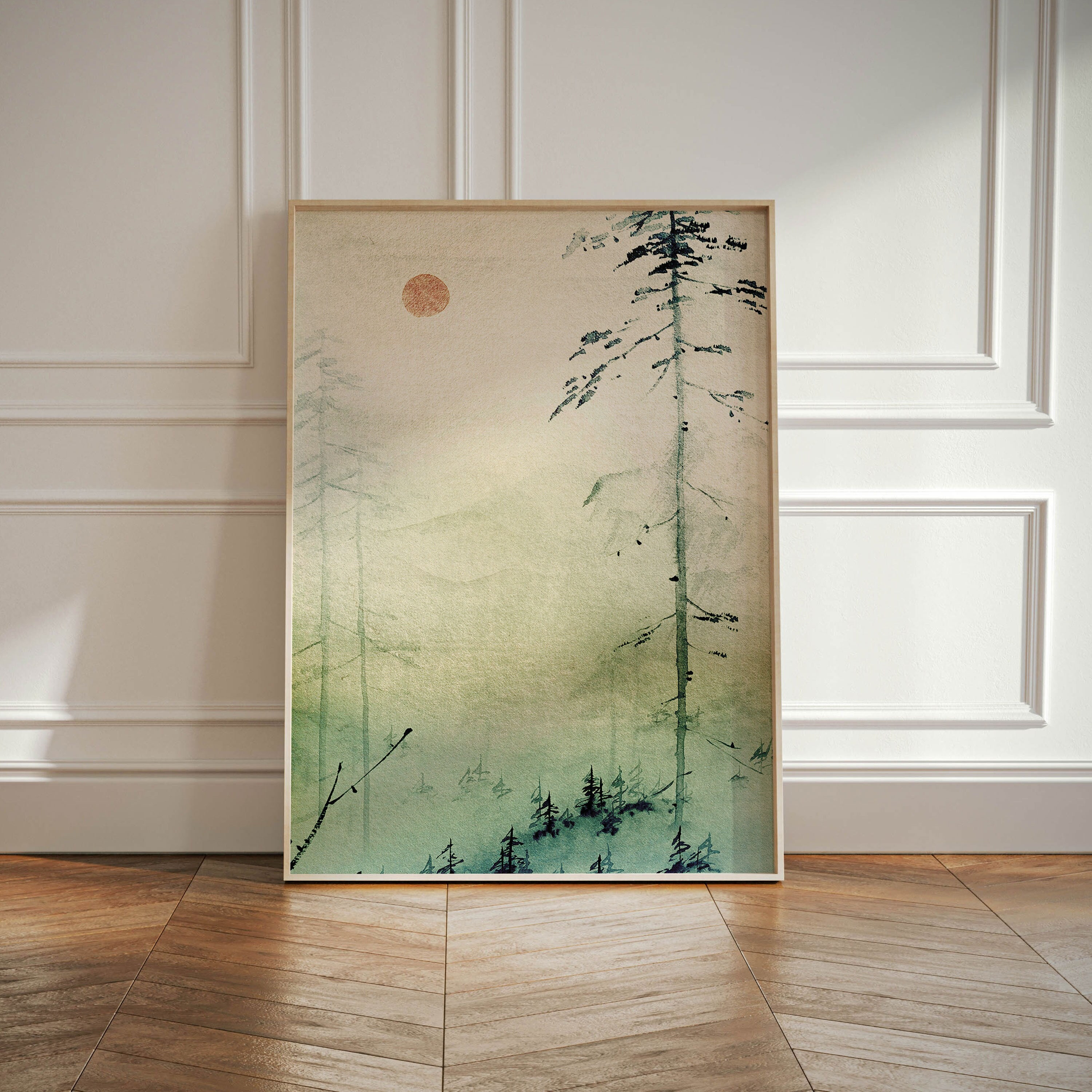 Japanese Wall Art Print, Japandi Décor, Mountain Wall Art, Minimalist Wall Art, Green Landscape Wall Art Poster Print, Oriental Wall Hanging