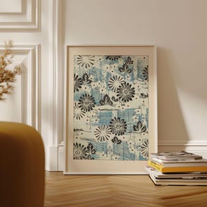 Impresión de arte floral japonés Korin Furuy - Cartel de exposición de xilografía beige vintage, diseño tradicional japonés asiático vintage raro Ukiyo-e