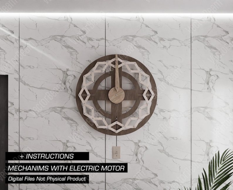 Puede incluir: Un reloj de madera con un dise&ntilde;o geom&eacute;trico y un motor el&eacute;ctrico. El reloj est&aacute; montado en una pared de m&aacute;rmol blanco. El texto "MECHANISMS WITH ELECTRIC MOTOR" es visible debajo del reloj.