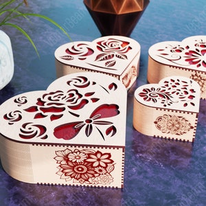 Decorative Wooden Heart Box 4 Laser Cut Jeweler Gift Wedding Love Box Case Vector model Glowforge cut file Digital Download |#96|