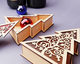 Caixa de árvore decorativa corte a laser caixa de madeira ornamento caixa de presente natal Glowforge madeira compensada cortada a laser | SVG, DXF, AI, eps, pdf |#72|