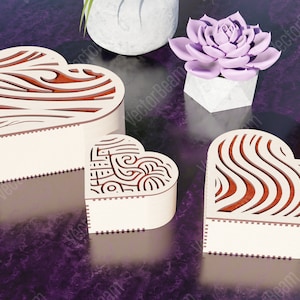 Decorative Wooden Heart Box 3 Laser Cut Jeweler Gift Wedding Love Box Case Vector model Glowforge cut file Digital Download |#99|