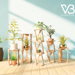 Può includere: Un set di cinque portavasi in legno con un design ondulato. I portavasi sono disposti in fila e presentano altezze diverse. Ogni portavaso ha una piattaforma circolare per un vaso di piante. I portavasi sono realizzati in legno naturale e hanno un colore marrone chiaro.