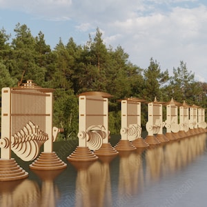 May include: A line of wooden kinetic sculptures with intricate moving parts, resembling a series of gears and wheels, are arranged in a line on a body of water. The sculptures are made of light brown wood and have a natural finish.