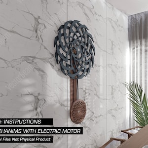 Puede incluir: Una descarga digital de instrucciones para construir una escultura cin&eacute;tica con un motor el&eacute;ctrico. La escultura presenta una gran rueda de madera de color azul oscuro y marr&oacute;n, intrincada, con una rueda de madera marr&oacute;n circular m&aacute;s peque&ntilde;a unida a ella. El texto "MECHANIMS WITH ELECTRIC MOTOR" es visible en la parte inferior de la imagen.