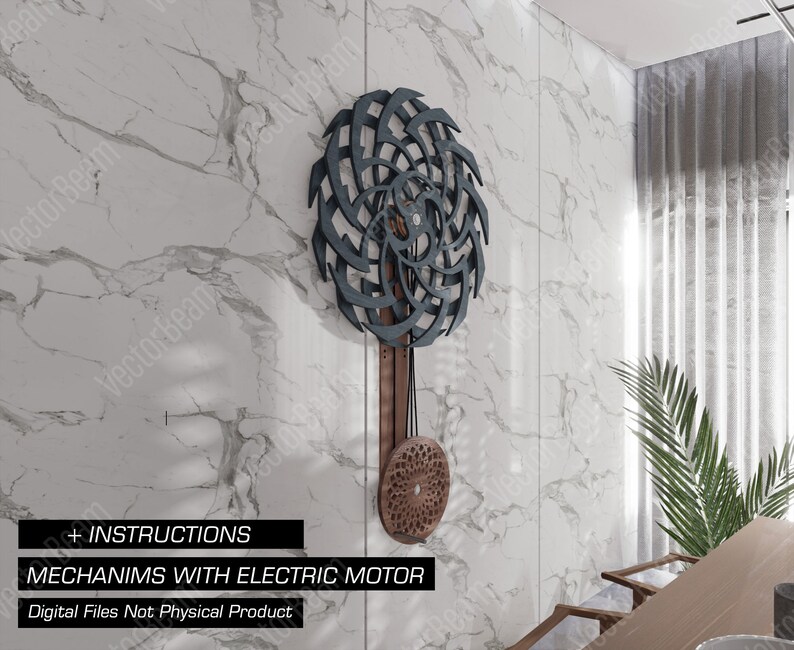 Puede incluir: Una descarga digital de instrucciones para construir una escultura cin&eacute;tica con un motor el&eacute;ctrico. La escultura presenta una gran rueda de madera de color azul oscuro y marr&oacute;n, intrincada, con una rueda de madera marr&oacute;n circular m&aacute;s peque&ntilde;a unida a ella. El texto "MECHANIMS WITH ELECTRIC MOTOR" es visible en la parte inferior de la imagen.