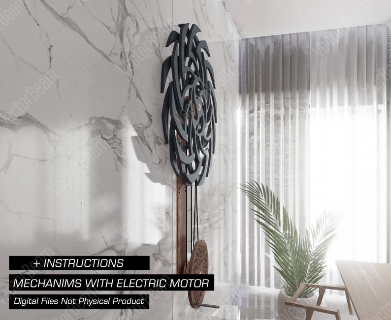 Puede incluir: Una pieza de arte de pared geom&eacute;trica negra y gris con un p&eacute;ndulo de madera y un motor el&eacute;ctrico. El arte est&aacute; montado en una pared de m&aacute;rmol blanco con una planta en una maceta en primer plano. El texto "MECHANISMS WITH ELECTRIC MOTOR" es visible en la parte inferior de la imagen.