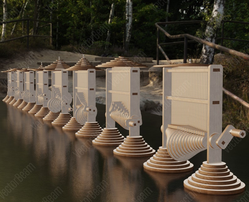 May include: A row of wooden musical instruments with a series of stacked circular platforms. The instruments are made of wood and have a series of metal bars that are struck by a hammer.