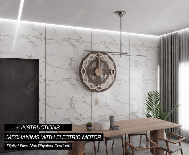 Puede incluir: Un reloj de madera con un dise&ntilde;o geom&eacute;trico y un motor el&eacute;ctrico. El reloj est&aacute; colgado en una pared de m&aacute;rmol blanco en un comedor moderno. El texto "+ INSTRUCTIONS MECHANIMS WITH ELECTRIC MOTOR Digital Files Not Physical Product" es visible en la parte inferior de la imagen.