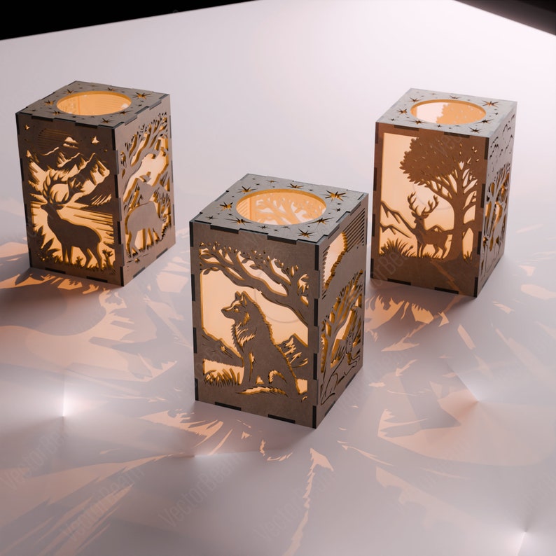 May include: Three wooden candle holders with intricate laser cut designs featuring woodland animals. The candle holders are illuminated from within, casting a warm glow.