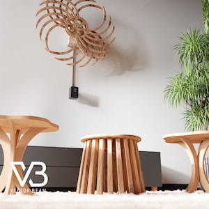 May include: Three wooden stools with different designs. The stools are arranged on a white fluffy rug in front of a gray wall. The wall has a wooden wall sculpture hanging on it.