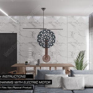 Puede incluir: Una sala de estar moderna con un sof&aacute; gris y una l&aacute;mpara de techo geom&eacute;trica negra y marr&oacute;n &uacute;nica. El texto en la imagen dice "INSTRUCTIONS MECHANIMS WITH ELECTRIC MOTOR Digital Files Not Physical Product".