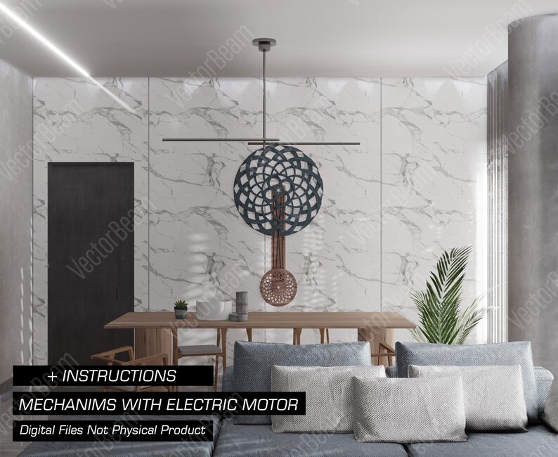 Puede incluir: Una sala de estar moderna con un sof&aacute; gris y una l&aacute;mpara de techo geom&eacute;trica negra y marr&oacute;n &uacute;nica. El texto en la imagen dice "INSTRUCTIONS MECHANIMS WITH ELECTRIC MOTOR Digital Files Not Physical Product".