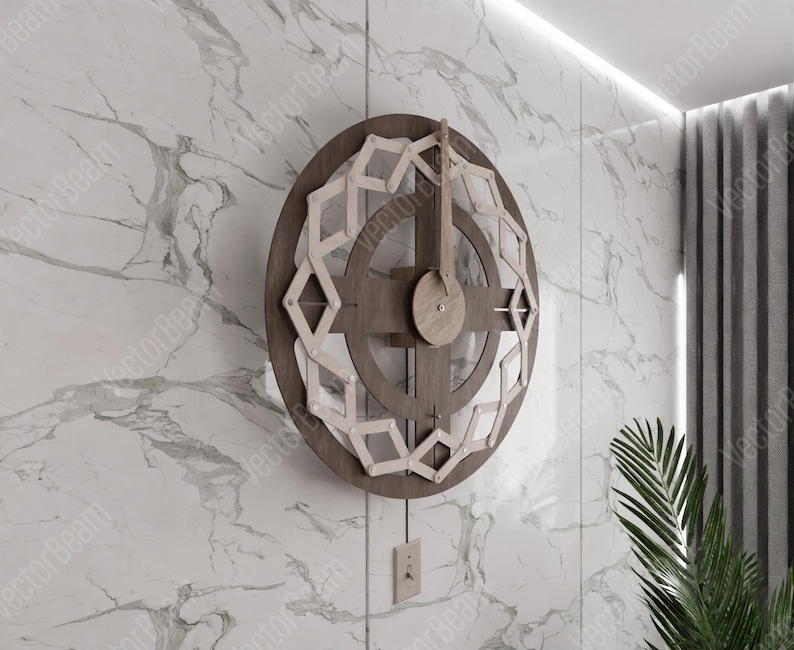 Puede incluir: Un reloj de madera con un dise&ntilde;o geom&eacute;trico &uacute;nico. La esfera del reloj es de madera y tiene un fondo blanco con n&uacute;meros negros. Las manecillas del reloj son negras y blancas.