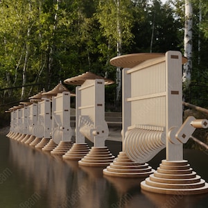 May include: A row of wooden musical instruments with a crank handle and a series of wooden slats that are struck by a series of hammers. The instruments are arranged in a line on a reflective surface.