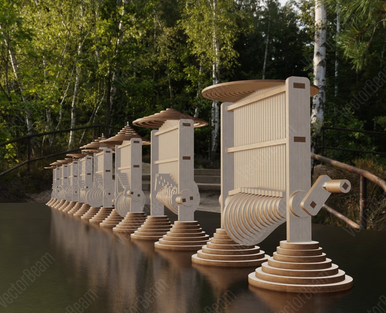 May include: A row of wooden musical instruments with a crank handle and a series of wooden slats that are struck by a series of hammers. The instruments are arranged in a line on a reflective surface.