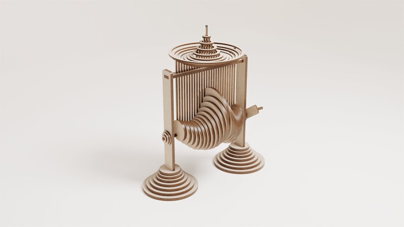 May include: A wooden kinetic sculpture featuring a spiral design. The sculpture is crafted from numerous layers of wood, cut and assembled to create a moving piece of art.